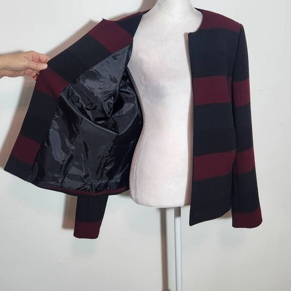 Tahari Red Gray and Black Stripe Blazer Size 12 Tahari Stripe Collarless Blazer