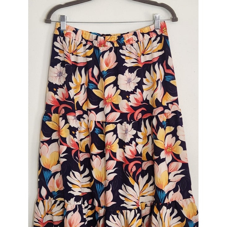 Fashion Nene Navy Floral Tiered Maxi Skirt Size XL Flaw