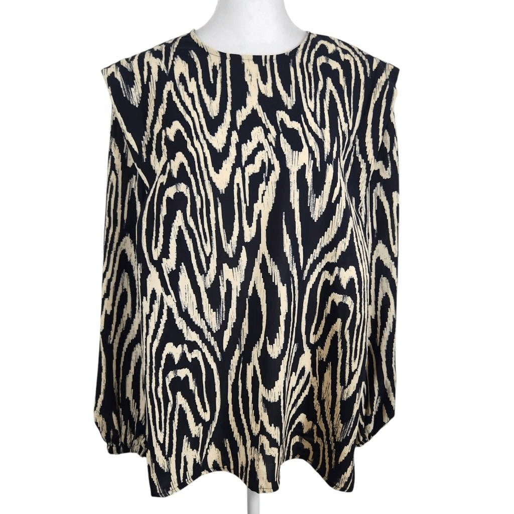Who What Wear Cream and Black Graphic Print Blouse with Full Sleeves Size Small