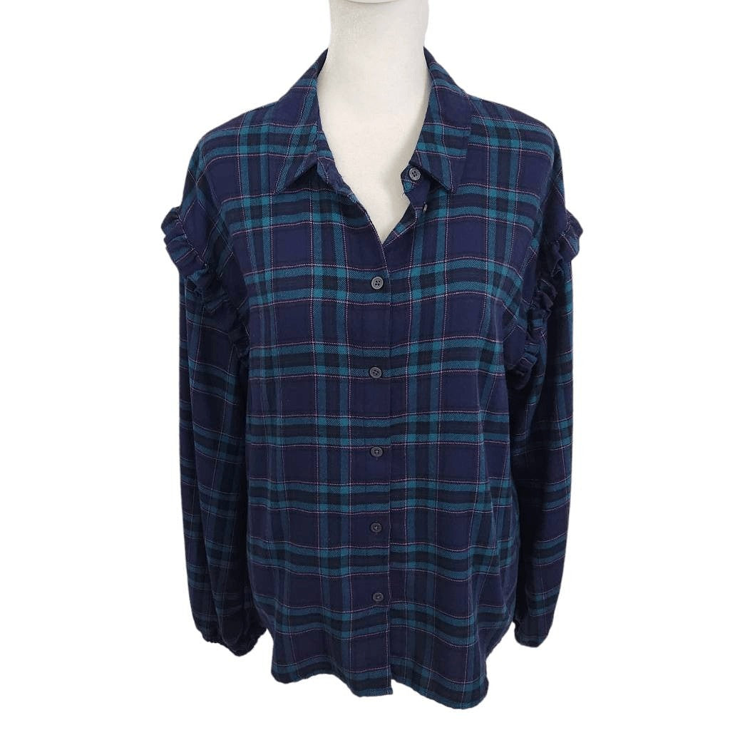 Candace Cameron Bure Navy Plaid Flannel Size XS Plaid Button Down Shirt