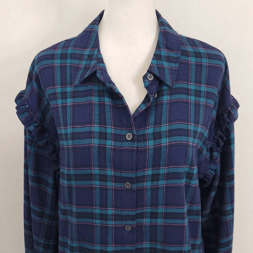 Candace Cameron Bure Navy Plaid Flannel Size XS Plaid Button Down Shirt