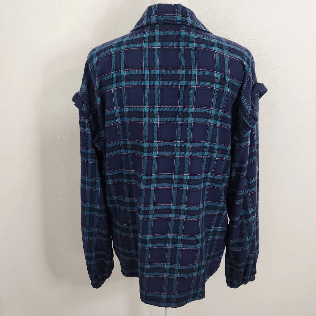 Candace Cameron Bure Navy Plaid Flannel Size XS Plaid Button Down Shirt
