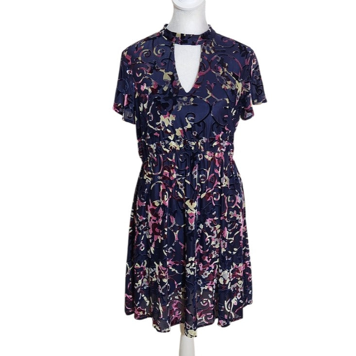 Bongo Blue Velvet Abstract Print Mini Dress Size Medium Wedding Guest Dress