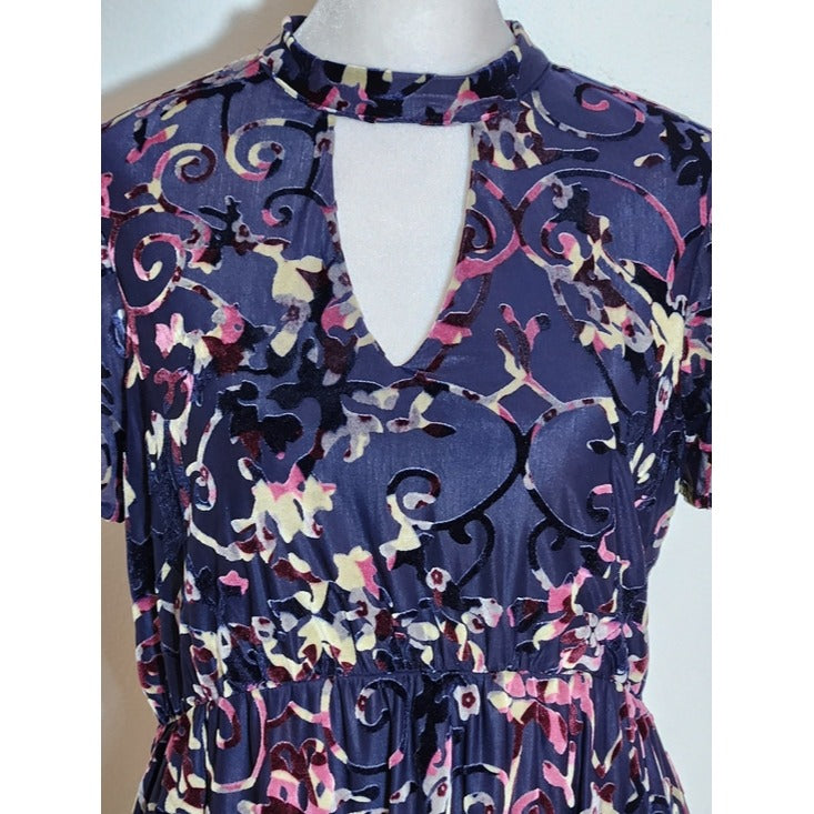 Bongo Blue Velvet Abstract Print Mini Dress Size Medium Wedding Guest Dress