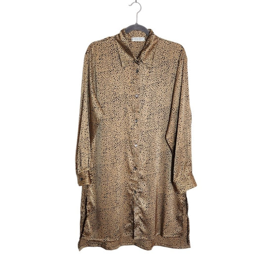 Jon & Anna Tan and Black Dot Print Button Down Satin Tunic Size XL