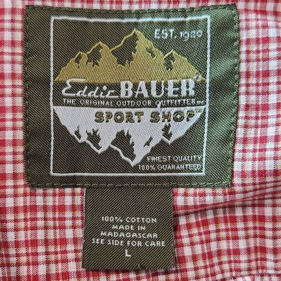 Eddie Bauer Red Plaid Short Sleeve Button Down Shirt Size Large Red Preppy Shirt