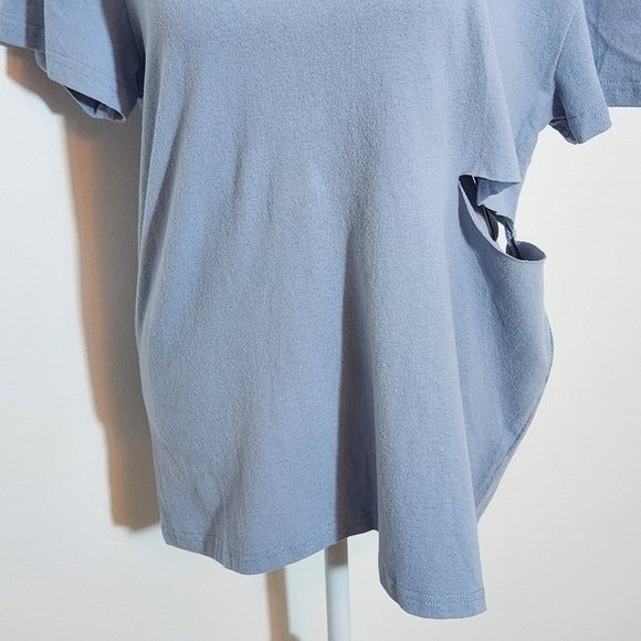 Honey Punch Blue Distressed Top with BRAT Embroidery NWT Size Medium