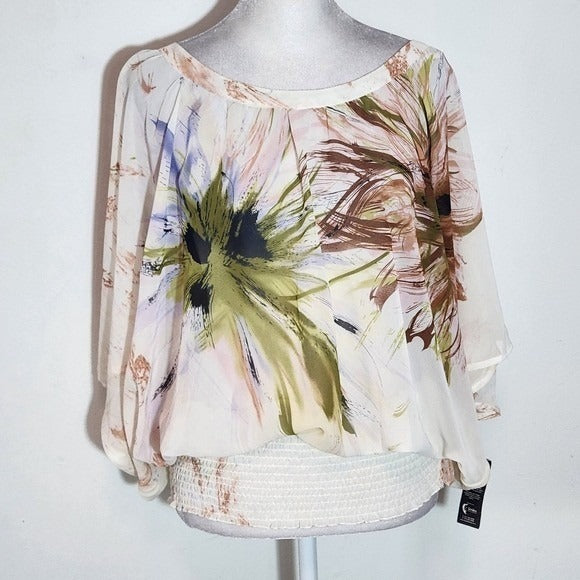 Unique Spectrum Sheer Floral Print Blouse with Smocked Waist NWT Size Medium