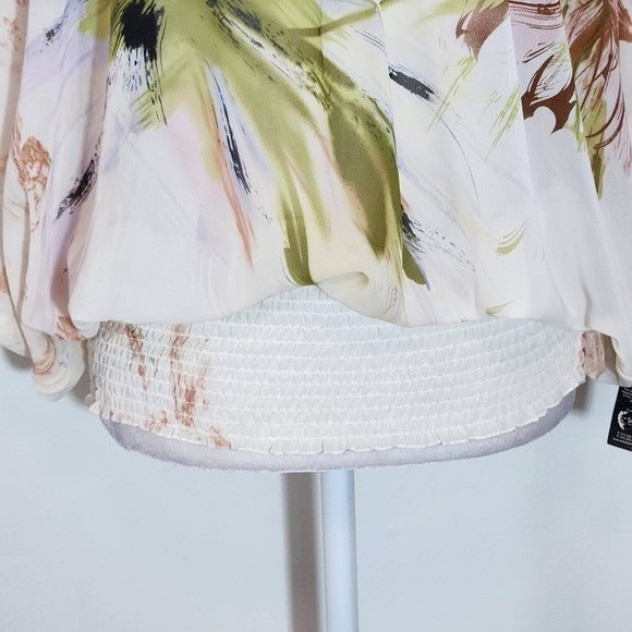 Unique Spectrum Sheer Floral Print Blouse with Smocked Waist NWT Size Medium