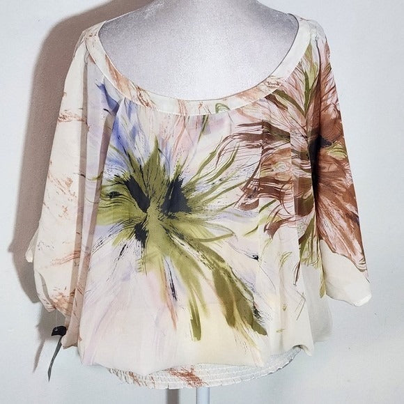 Unique Spectrum Sheer Floral Print Blouse with Smocked Waist NWT Size Medium