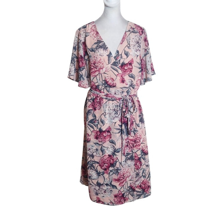 LOFT Pink Floral Wrap Look Dress Size Medium Wedding Guest Dress