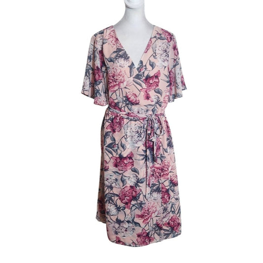 LOFT Pink Floral Wrap Look Dress Size Medium Wedding Guest Dress
