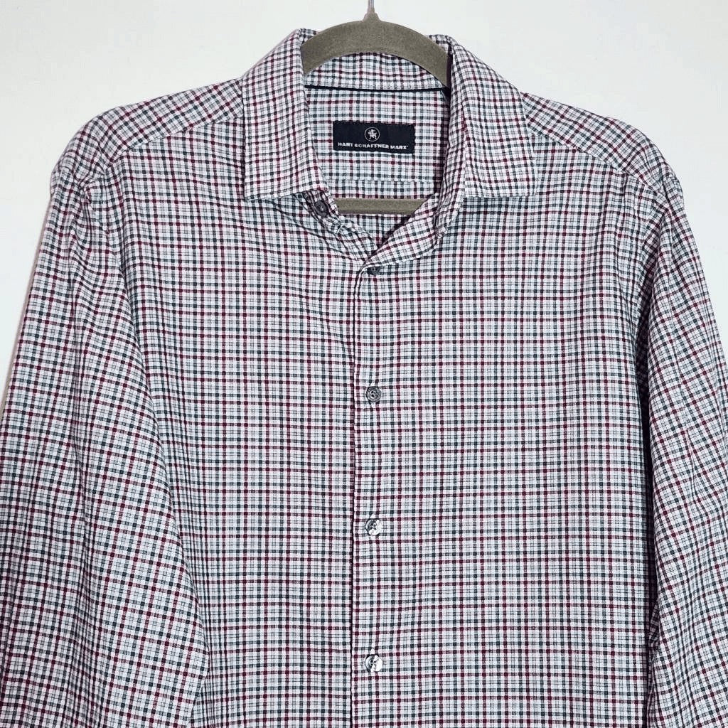 Hart Schaffner Marx Burgundy and Gray Plaid Button Down Shirt Size Medium