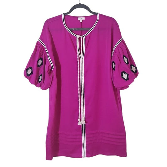 TCEC Magenta Mini Shift Dress With Embroidered Puffy Sleeves Size Large