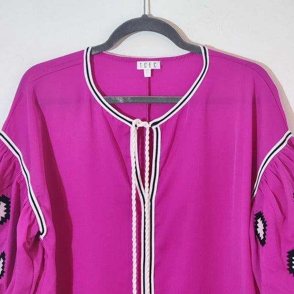 TCEC Magenta Mini Shift Dress With Embroidered Puffy Sleeves Size Large