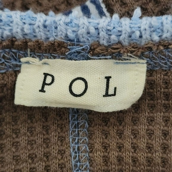 POL Brown and Blue Oversized Distressed Waffle Knit Top Size Large
