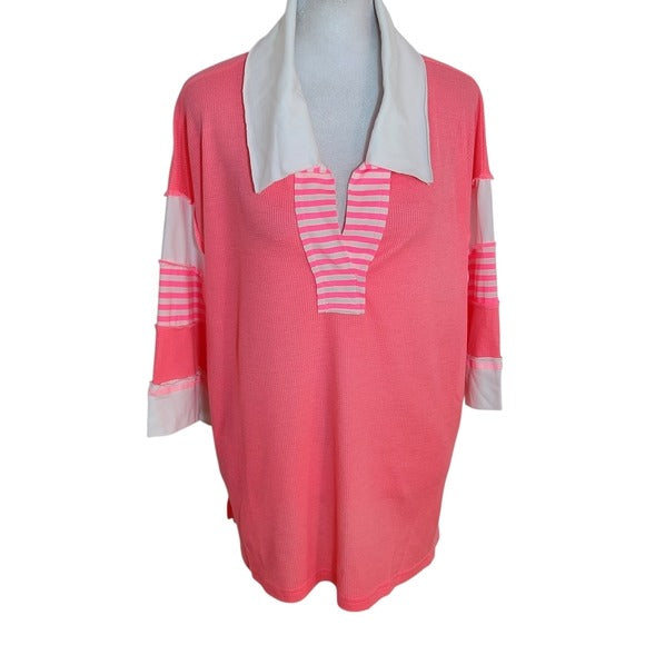 BiBi Pink and White Waffle Knit 3/4 Sleeve Top Size Medium NWT