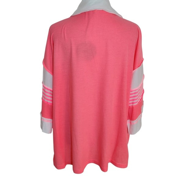 BiBi Pink and White Waffle Knit 3/4 Sleeve Top Size Medium NWT