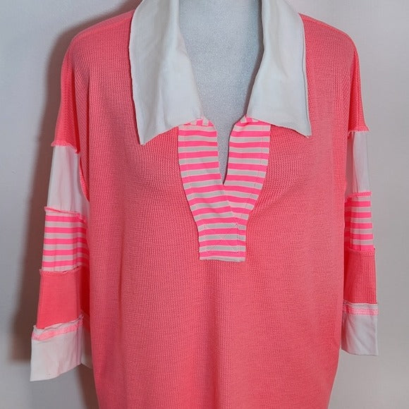 BiBi Pink and White Waffle Knit 3/4 Sleeve Top Size Medium NWT