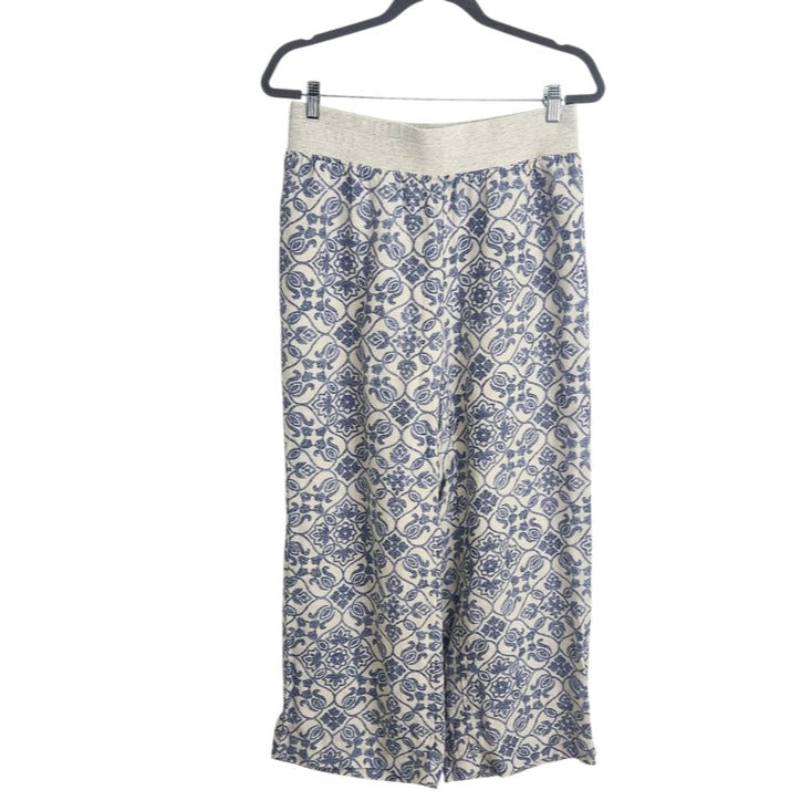 Soft Surroundings Pull-on Cream and Blue Linen Wide Leg Pants Size Petite Medium