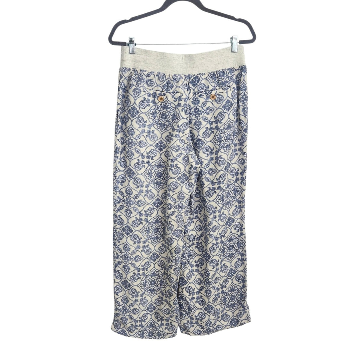 Soft Surroundings Pull-on Cream and Blue Linen Wide Leg Pants Size Petite Medium