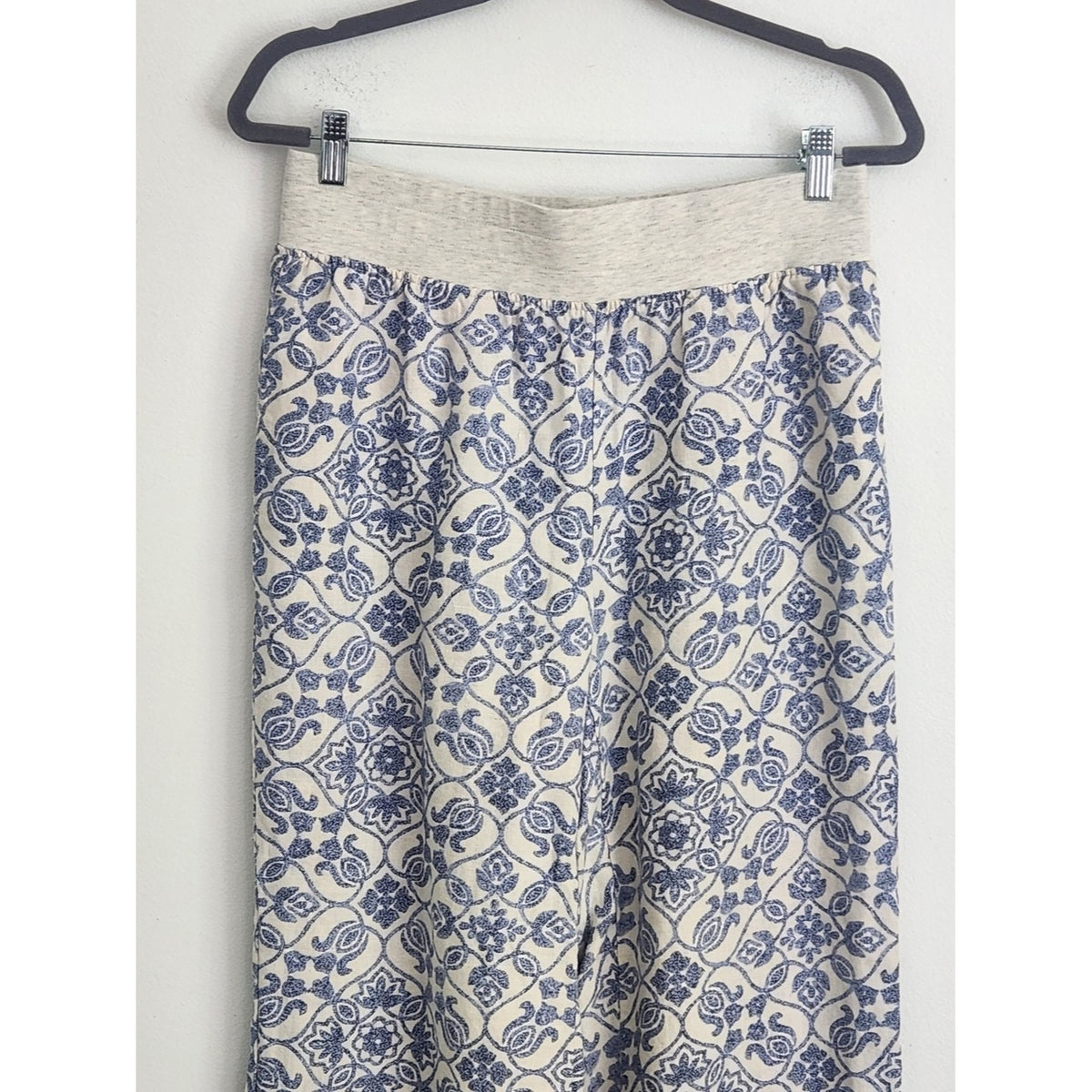 Soft Surroundings Pull-on Cream and Blue Linen Wide Leg Pants Size Petite Medium