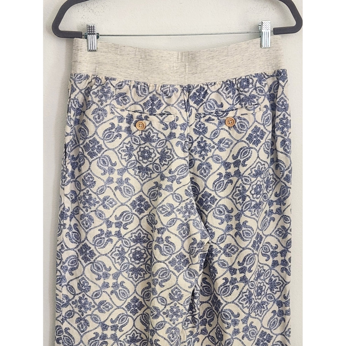 Soft Surroundings Pull-on Cream and Blue Linen Wide Leg Pants Size Petite Medium