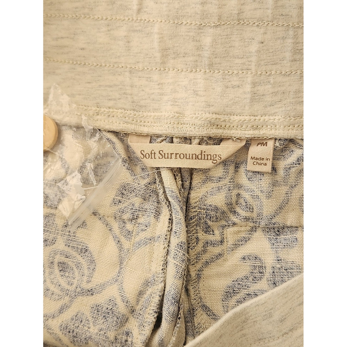 Soft Surroundings Pull-on Cream and Blue Linen Wide Leg Pants Size Petite Medium