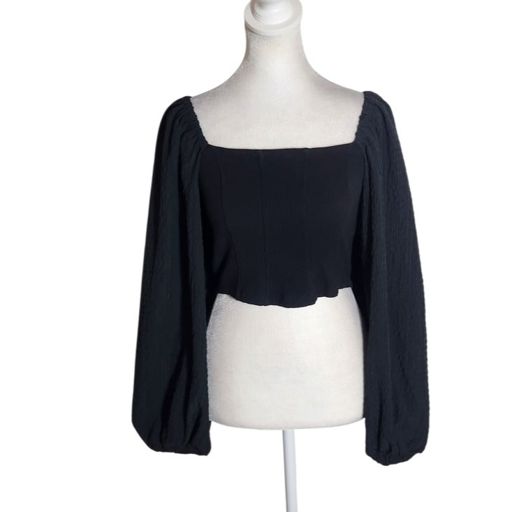 Urban Outfitters Black Ribbed Knit Square Neck Full Sleeve Crop Top Size Small