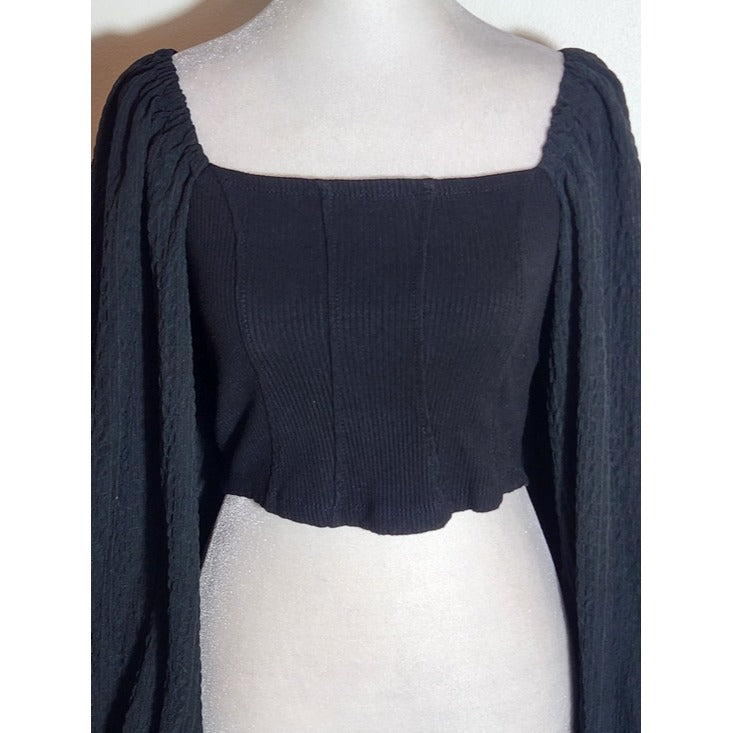 Urban Outfitters Black Ribbed Knit Square Neck Full Sleeve Crop Top Size Small