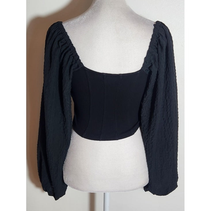 Urban Outfitters Black Ribbed Knit Square Neck Full Sleeve Crop Top Size Small