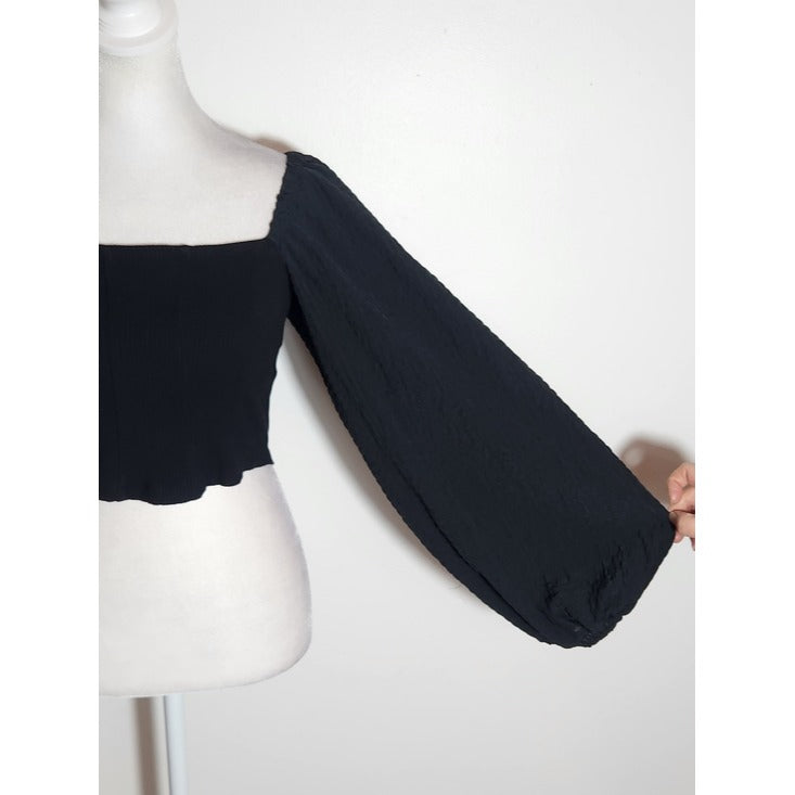 Urban Outfitters Black Ribbed Knit Square Neck Full Sleeve Crop Top Size Small
