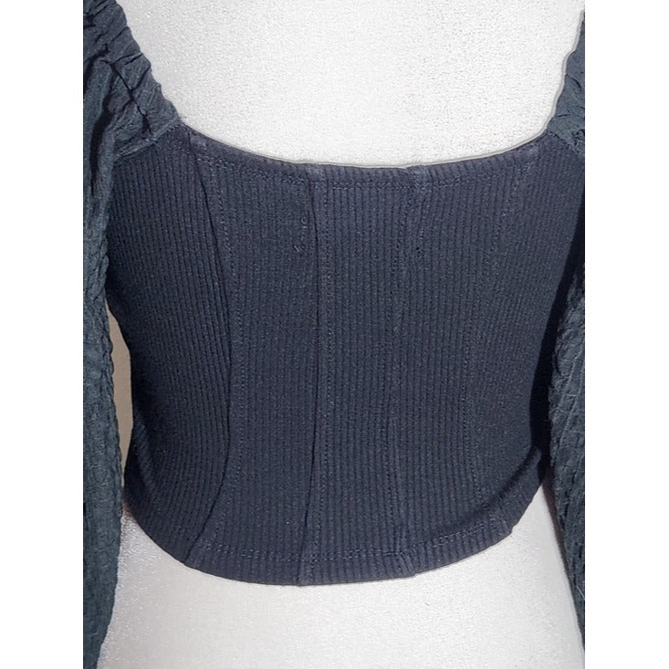 Urban Outfitters Black Ribbed Knit Square Neck Full Sleeve Crop Top Size Small