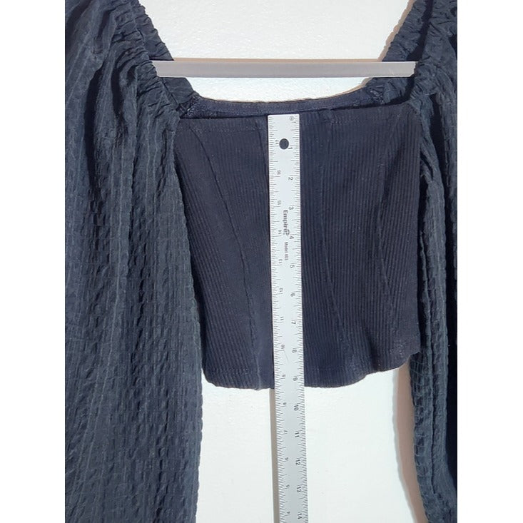 Urban Outfitters Black Ribbed Knit Square Neck Full Sleeve Crop Top Size Small