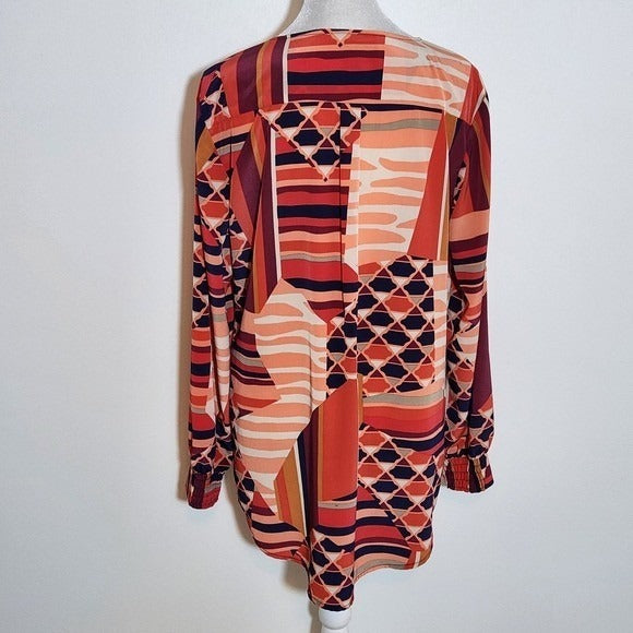 Style & Co. Colorful Geometric Blouse Size Medium Orange Print Top