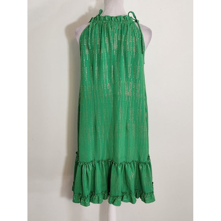 Signature by Robbie Bee Sleeveless Green and Gold Ruffle Mini Dress Size Small