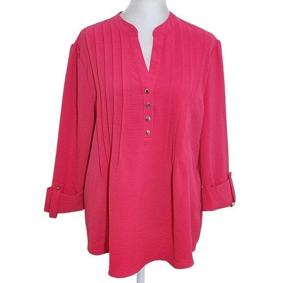 Ava & Grace Hot Pink Blouse Size Medium Pink Half-Button Top