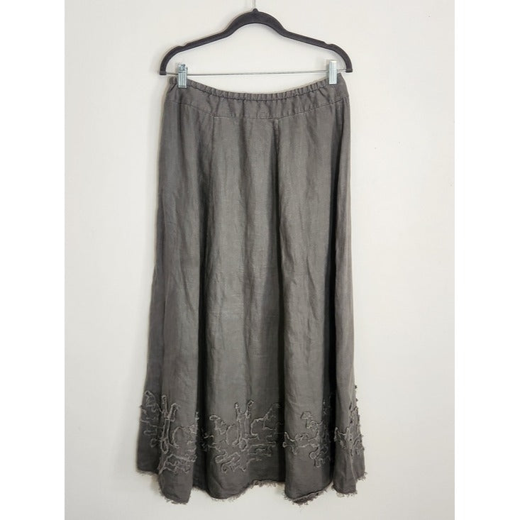 Soft Surroundings Gray Linen Maxi Skirt with Applique and Raw Edge Size Medium