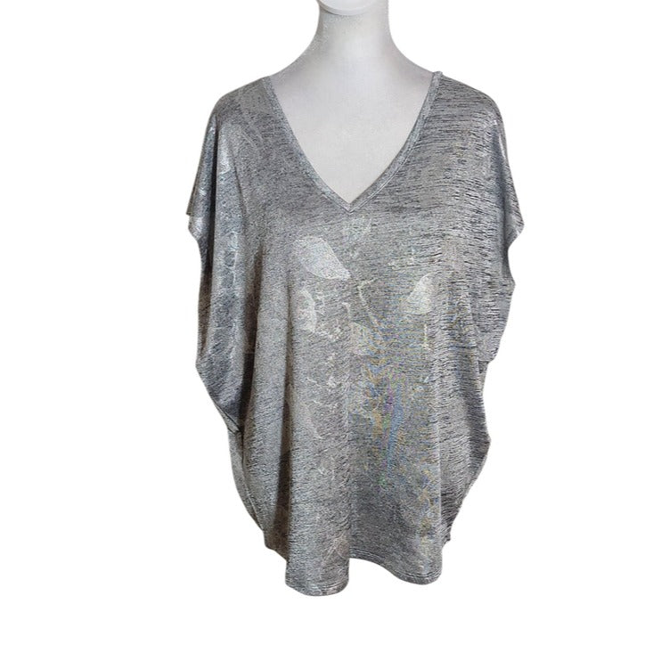 White House Black Market Gray and Metallic Silver Floral Top Size Medium