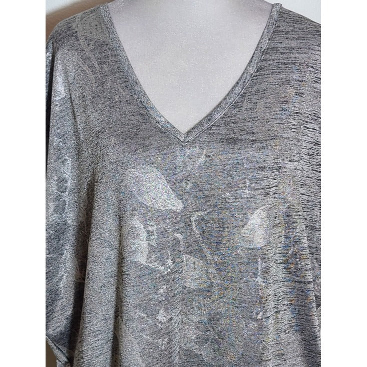 White House Black Market Gray and Metallic Silver Floral Top Size Medium