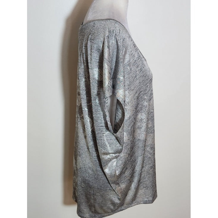 White House Black Market Gray and Metallic Silver Floral Top Size Medium