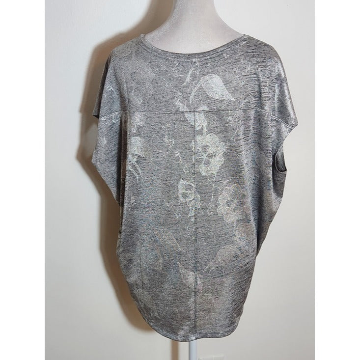 White House Black Market Gray and Metallic Silver Floral Top Size Medium