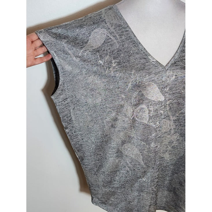 White House Black Market Gray and Metallic Silver Floral Top Size Medium