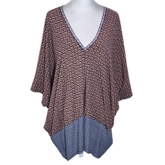 Umgee Brown and Navy Print V-Neck Poncho Top Size Small/Medium Oversized Poncho