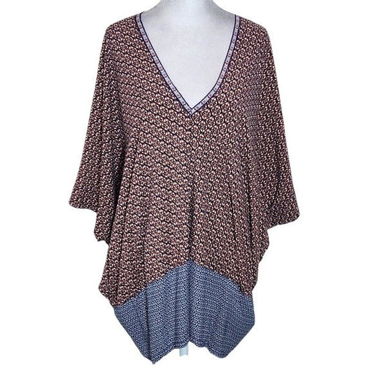 Umgee Brown and Navy Print V-Neck Poncho Top Size Small/Medium Oversized Poncho