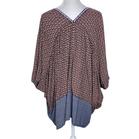 Umgee Brown and Navy Print V-Neck Poncho Top Size Small/Medium Oversized Poncho