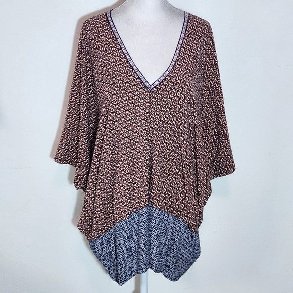 Umgee Brown and Navy Print V-Neck Poncho Top Size Small/Medium Oversized Poncho