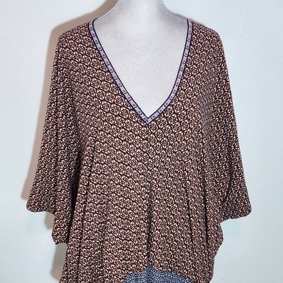 Umgee Brown and Navy Print V-Neck Poncho Top Size Small/Medium Oversized Poncho