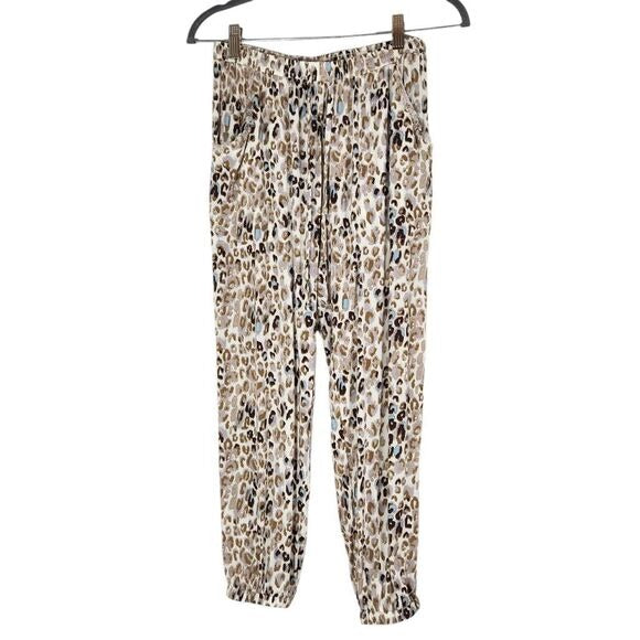 Olivaceous Cream Leopard Print Cropped Joggers with Raw Edge Accents Size Small
