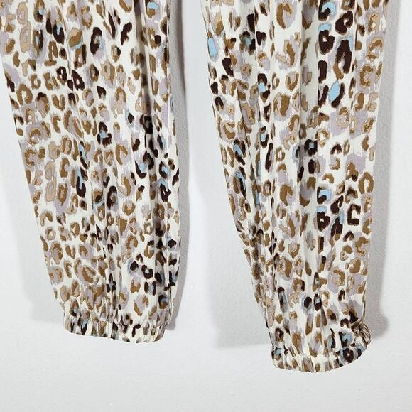 Olivaceous Cream Leopard Print Cropped Joggers with Raw Edge Accents Size Small